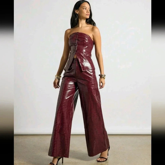 Faux Crocodile Leather Tailored Wide Leg Trouser - Picture 2 of 6